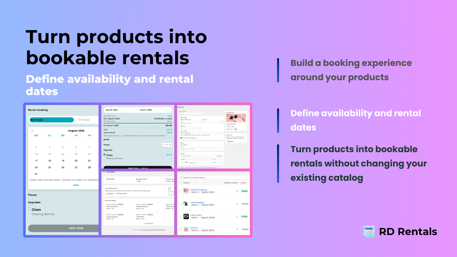 Rental store management dashboard in Shopify Admin